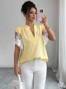Elenzga Women's Fashion Lace Splice Sleeve V-Neck Blouse