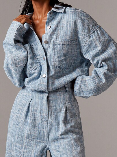 Athîral Autumn New Women's Chambray Denim Drop Shoulder Long Sleeve Wide Leg Denim Jumpsuit, Retro, Business Casual Women's Wear, 90s Fashion, Light Blue, Mopping Pants, Wide Leg Denim Jumpsuit, Suitable For Going Out And Partying