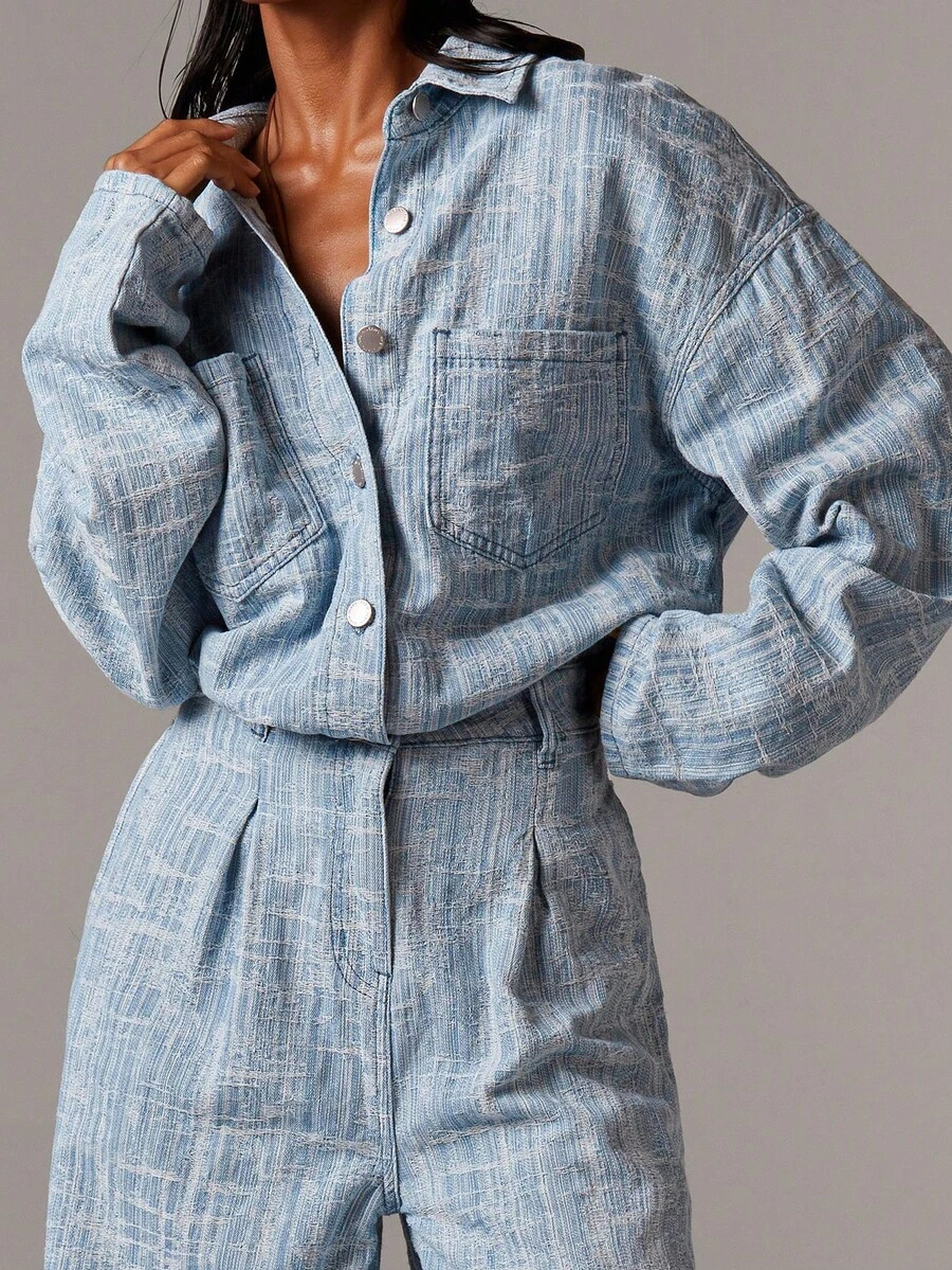 Athîral Autumn New Women's Chambray Denim Drop Shoulder Long Sleeve Wide Leg Denim Jumpsuit, Retro, Business Casual Women's Wear, 90s Fashion, Light Blue, Mopping Pants, Wide Leg Denim Jumpsuit, Suitable For Going Out And Partying