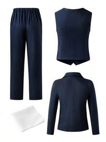 5 件青少年男孩绅士西装套装：西装外套 + 修身背心 + 西裤 + 领结 + 口袋巾，高端正装，适合生日派对、舞会、婚礼、毕业典礼 - 藏蓝色 - 查看 2