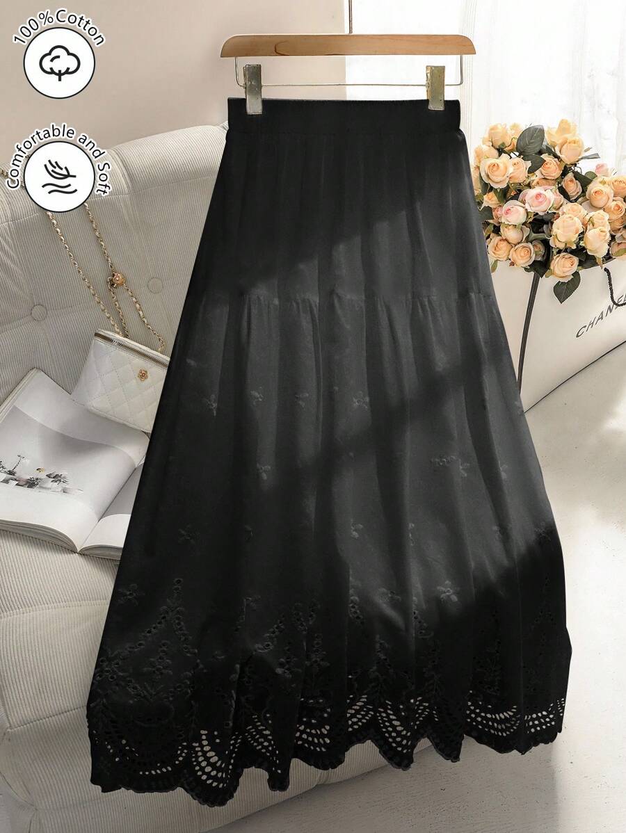 Mulvari 女式中长款松紧腰孔眼刺绣半身裙，春夏 - 黑色 - 查看 1