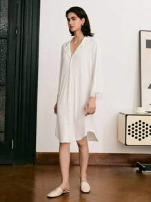 Moireta 女士简约优雅刺绣蕾丝拼接翻领睡裙，秋冬款 - 白色 - 查看 3