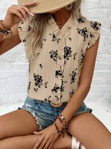 EMERY ROSE Casual Holiday Everyday V-Neck Floral & Wave Printed Ruffle Trim Ladies Shirt - Apricot - View 5