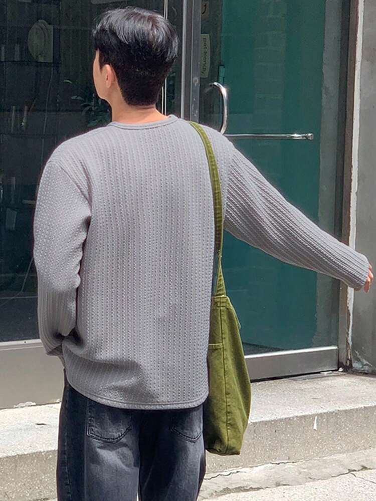 Texture Fabric Half Placket Button Grey Men T-Shirt, Suitable For Spring And Autumn