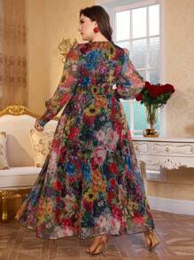 Modelyn 全新奢华优雅高端长款裹身裙，宽下摆，V 领，长袖