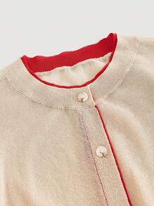 SHEIN MOD Cárdigan casual de mujer con ribete de contraste y botones delanteros semitransparentes, básicos casuales cómodos y acogedores del estilo de los 90s, ideal para el uso diario en otoño/invierno - Caqui - Ver 5