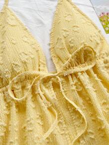 Soleia V 领系带无袖纹理面料白色露背背心，适合假日、约会、情人节、下午茶等休闲穿着 - 黃色 - 查看 4