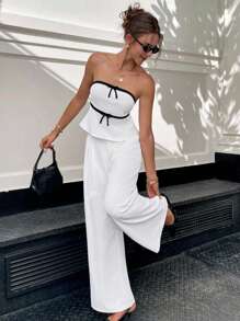 Siren Gaze Business Casual Woman Old Money Style Back To School Teacher Outfits For Women Winter Clothes For Women Autumn Clothes White Set Black Bow Tube Top Vest White Trousers Suit Commuting Leisure Women 2pcs Set Elegant Contrast Color Trim Bow Decor Camisole And Pants, Summer White