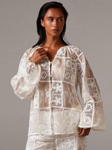 Athîral 女士透视拼布效果衬衫，度假新娘装 - 杏色 - 查看 6