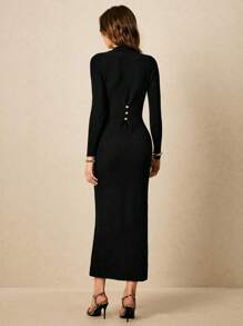Poéselle 女士简约优雅纽扣前长袖连衣裙 - 黑色 - 查看 7