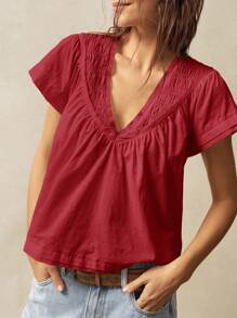 Bohemela 1pc Women Solid Color V-Neck Short Sleeve Loose Blouse Red V Neck Blouse Women Cotton Summer Tops For Women Women Summer Blouses Casual Red Tops For Women V Neck Summer Tops - Burgundy - View 5