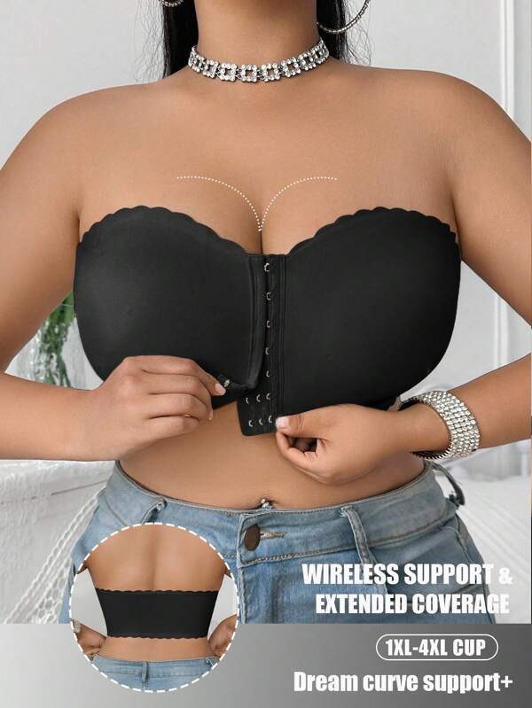SHEIN Wireless Plus Size Black Bralette With Backless Design For Comfortable Everyday Wear Plus Size Strapless Bra Plus Size Bandeau Bra
