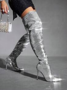 CUCCOO SZL Giày bốt cao đến đầu gối bóng chắp vá sequin cho nữ, thời trang, cổ điển, đa năng cho đi làm, hẹn hò, tiệc tùng, ngày lễ - Bạc - Xem 2