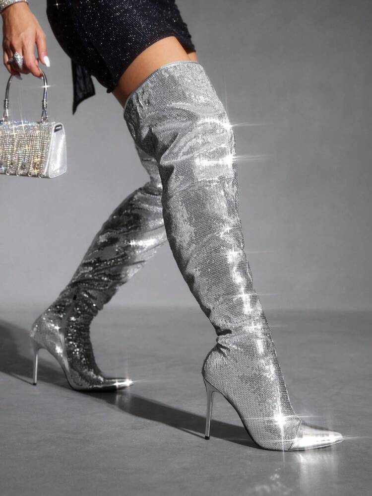 CUCCOO SZL Botas Cano Alto com Lantejoulas para Mulheres, Retalhos Brilhantes, Moda Clássica e Versátil para Ir e Voltar do Trabalho, Encontros, Festas, Férias