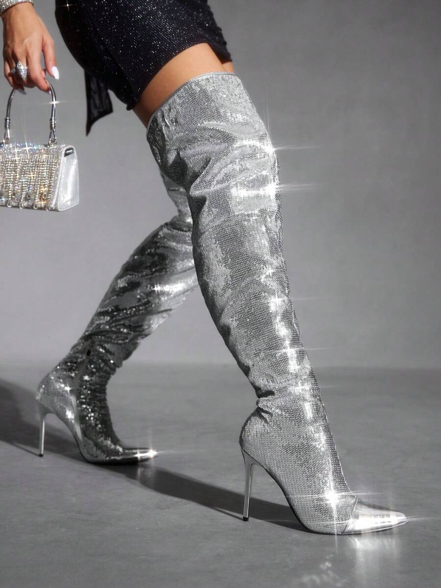 CUCCOO SZL Giày bốt cao đến đầu gối bóng chắp vá sequin cho nữ, thời trang, cổ điển, đa năng cho đi làm, hẹn hò, tiệc tùng, ngày lễ