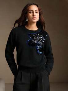 Anewsta Áo len thu đông thanh lịch, sang trọng, thêu kim sa và đính đá, cổ tròn - màu đen - Xem 4