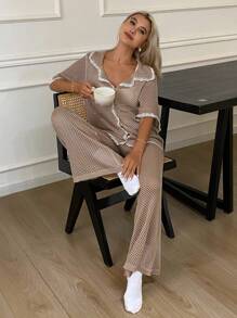 DAZY 2pcs Women Contrast Color Lace Splice Loose Fit Short Sleeve Pajama Set - Beige - View 5