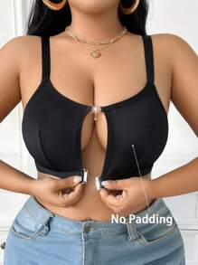 SHEIN Plus Size Women's Front Closure Bra - Basic Solid Color Comfortable Lingerie - Black - View 3