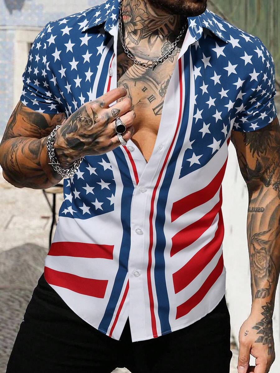 Manfinity LEGND Men's US Flag Printed Single-Breasted Casual Short Sleeve Shirt, Summer For Men - Multicolor - View 1