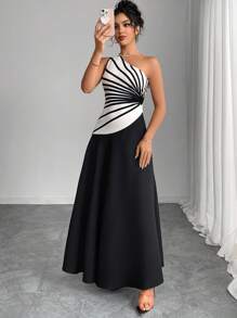 INAWLY Women's Extra Long Loose Dress, Asymmetric Shoulder, Minimalist & Fashionable Style - Black and White - View 4