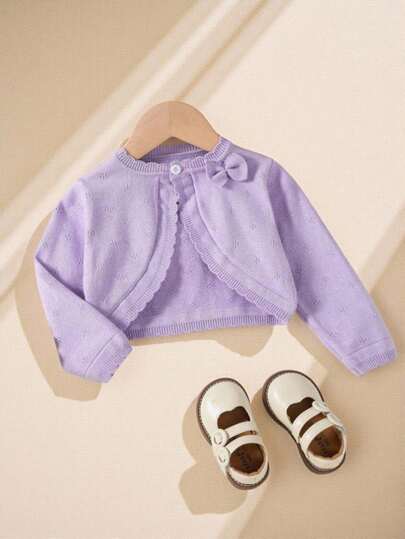 Souflis Souflis Baby Girls Knitted Cardigans, Long Sleeve, Comfortable, Warm, Elegant Solid Color With Bow, Short Shawl Lightweight Outerwear, Fashionable, Cute, Versatile, Suitable For Spring/Autumn, Indoor, Outdoor, Holiday
