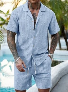 Manfinity RSRT 2 Pcs/Set Men's Solid Color Button-Down Hollow Shirt And Shorts Set, Vacation Solid Color Husband Casual Wear, Suitable For Vacation, Seaside Beach, Daily Leisure,Summer Wear Resort Wear Men Outfits For Men Men Shirt Co Ords, Cozy Outfits - Baby Blue - View 5