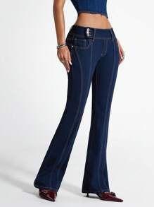 SHEIN Unity Women's Casual Low-Waist Denim Bell-Bottom Pants With Pockets - Dark Wash - View 7