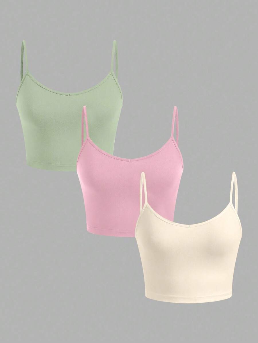 SHEIN EZwear 3 件粉色、橄榄绿、杏色女士修身短款休闲吊带背心,适合夏季 - 彩色 - 查看 1