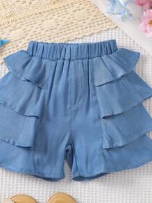 New Fashion Cute Versatile Party Blue Ruffled Layer Shorts For Young Girl - Blue - View 3
