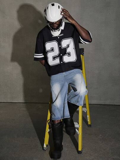 PAVTROS Manfinity Streetrush Manfinity Streetrush 1pc Men's Black Short Sleeve Crop Shirt, Contrast White Collar, Big White "23" Number And "INPLACABLE" Print, Loose Fit, Streetwear Style, Versatile For Daily, Commuting, Vacation, Back To School, Ideal Gift For Boyfriend, Husband, Couple Matching Y2k Men's 90s Fashion Men,Hip-Hop Street,Boy Friend Gifts,Back To School