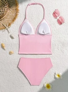 SHEIN Teen Girls Tankinis, Blue Ribbed Fabric, Adjustable Shoulder Straps, Shell & Starfish Decor, Triangle Bottom Bikini 2 Pieces Set Summer Holiday - Pink - View 2