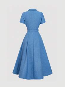 SHEIN MOD Mittellanges blaues Kleid mit Kragen und Gürtel, Kurzarm