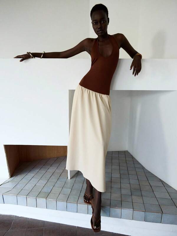 Lumivelle Summer Casual Color Block Halter Backless A-Line Dress Long Skirt