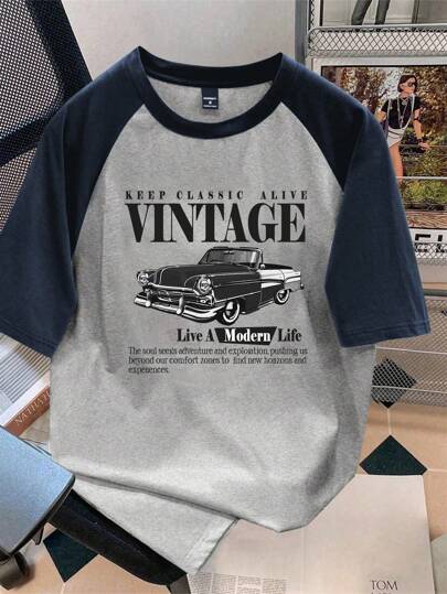 Manfinity Joysei 标准尺寸男士休闲复古汽车图案插肩 T 恤，适合夏季，朋友礼物