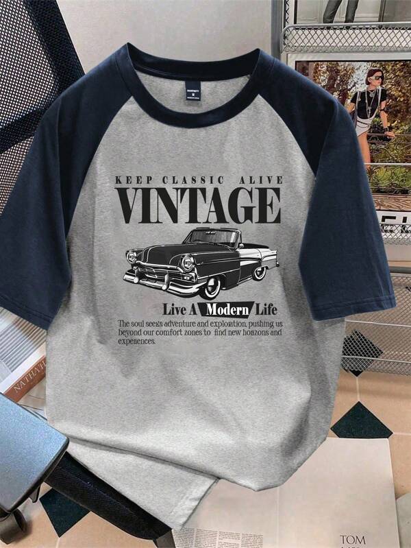 Manfinity Joysei Standard Size Men's Casual Vintage Car Graphic Raglan T-Shirt, Suitable For Summer, Friend Gift