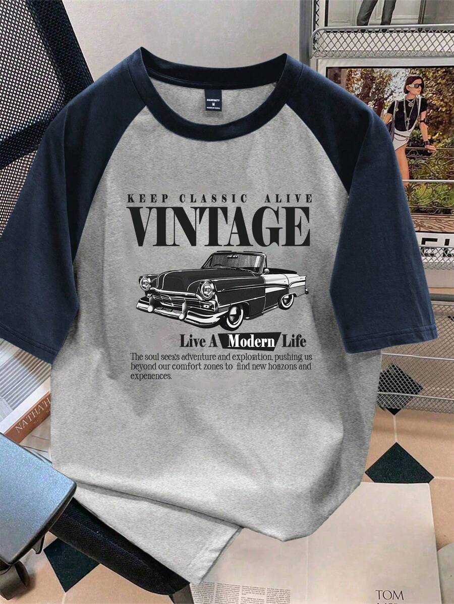 Manfinity Joysei 标准尺寸男士休闲复古汽车图案插肩 T 恤，适合夏季，朋友礼物 - 彩色 - 查看 1