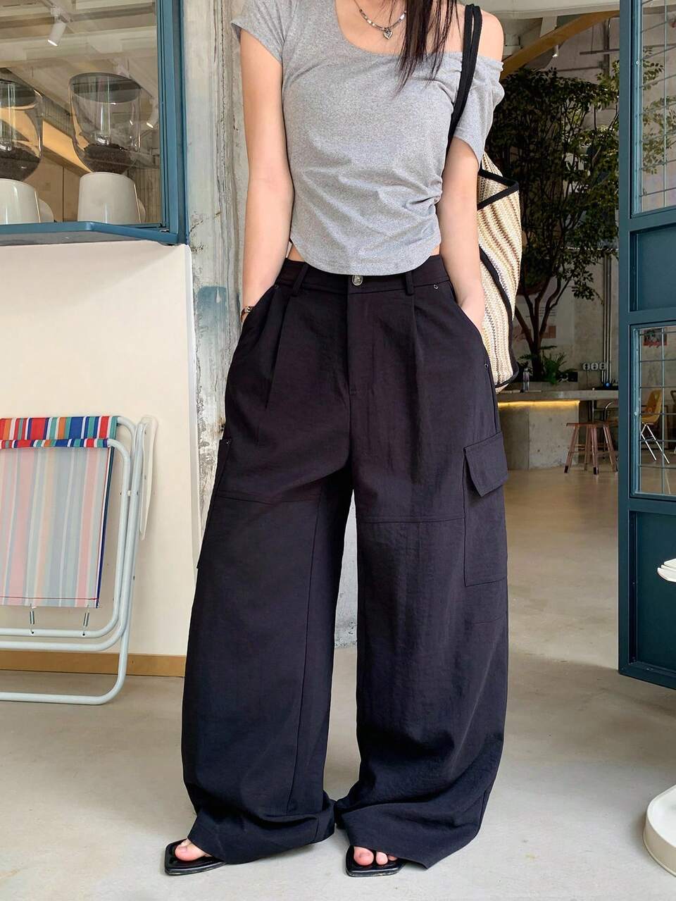 Women's Solid Color Versatile Cargo Wide Leg Casual Loose Fit Pants, Korean Style Fall,Winter