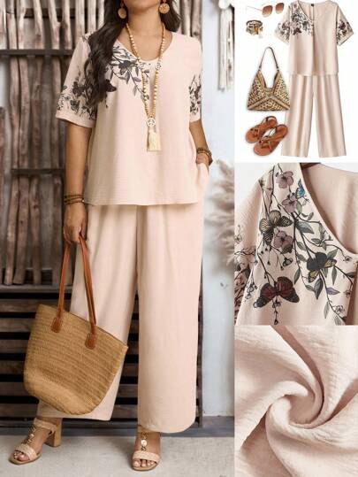 EMERY ROSE 2pcs/Set Plus Size Women Floral Print V-Neck Short Sleeve Top And Wide Leg Pants Casual Outfit, Summer Clothes, Vacation Outfits Woman / Vacation, Boho Women's Clothing, Fall Women Clothes,Autumn,Fall Clothes