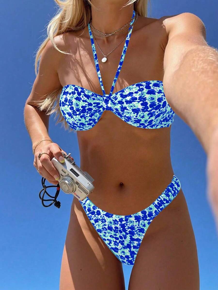 Swim Mod 女款夏季新款時尚海灘泳衣,復古碎花無肩帶前綁式荷葉邊泳褲泳衣套裝 - 彩色 - 查看 1