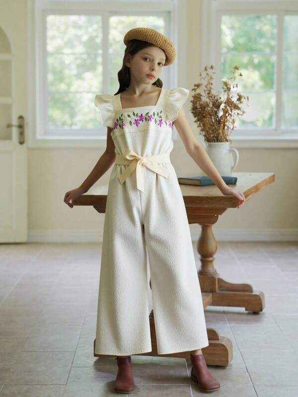 SHEIN Vintaside Kids Tween Girl Embroidered Ruffle Sleeve Jumpsuit With Wide Leg, Perfect For Vacation