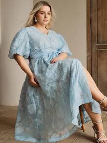 Anewsta Vestido de mujer de talla grande elegante con mangas abullonadas y lazo a la cintura en color azul fresco