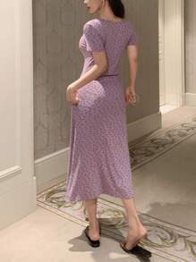 DAZY 女士长款碎花束腰针织睡袍 - 淡紫色 - 查看 2