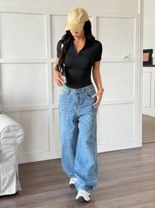 SHEIN Sports 女式简约纯色修身短袖连体衣，夏季 - 黑色 - 查看 5