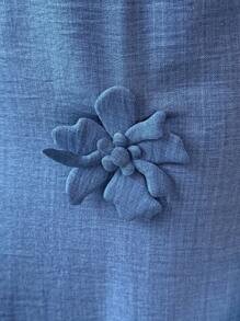 Elenzga Women's Solid Color 3D Floral Decor Square Neck Short Sleeve Slim Fit Elegant Mid-Calf Dress - Blue - View 6