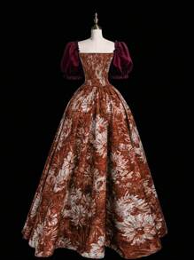 Sweetra Vintage Print Puff Sleeve Dress - Burgundy - View 2