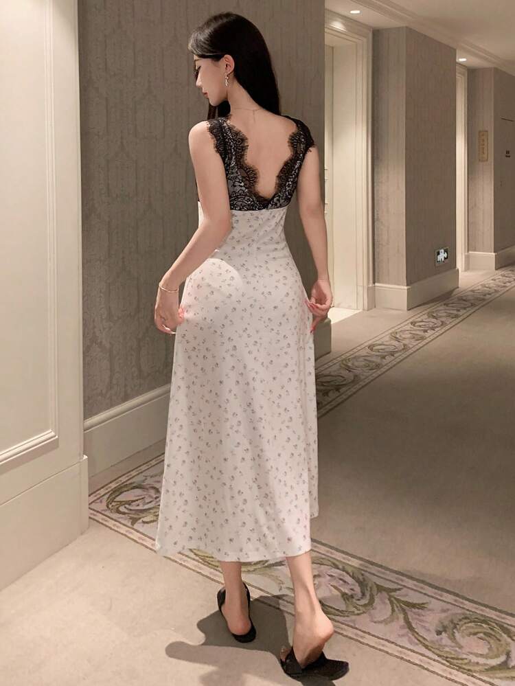 Sexy Contrast Color Lace Patchwork Waist Strap Maxi Nightgown For Women Pajama