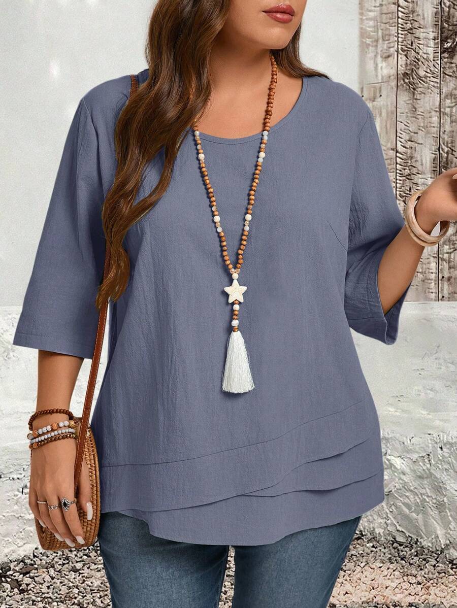 EMERY ROSE 大码不对称下摆绿色乡村衬衫秋装 - 藍色 - 查看 1