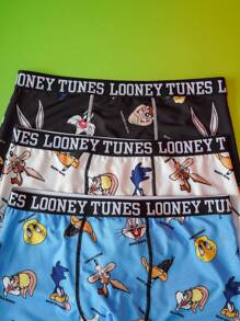 LOONEY TUNES X SHEIN 男士三件套卡通字母印花平角内裤 - 黑與白 - 查看 3