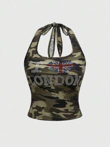 ROMWE Grunge Punk Y2K Baddie 美国国旗英文水钻迷彩印花紧身露背女式背心 - 軍綠色 - 查看 1