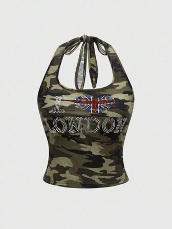 Grunge Punk Top de tirantes ajustada con estampado de camuflaje, cristales y bandera de EE. UU. en estilo Y2K Baddie para mujer